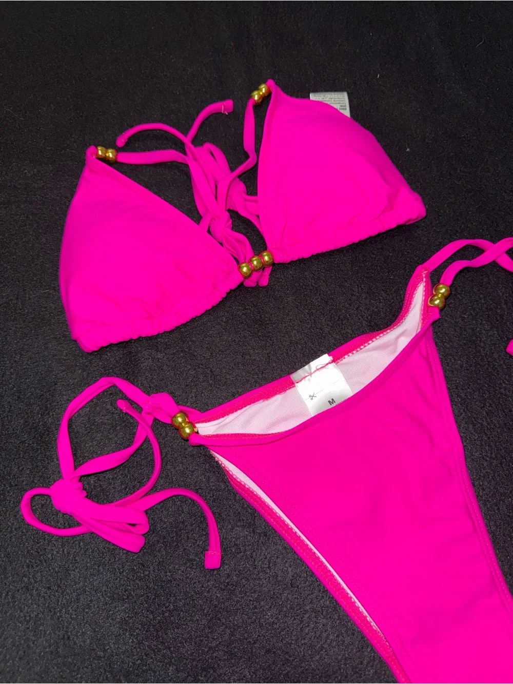 SHEIN Hot Pink Triangle Bikini with Gold Bead Accents